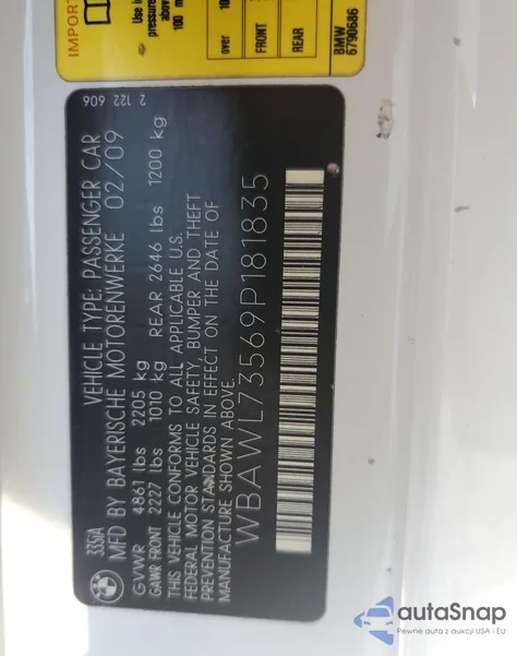 2009 BMW 335 I from USA, damaged, VIN WBAWL73569P181835